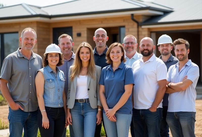 Team photo of Aussie Habitat Homes builders and designers smiling in front of a building site